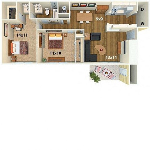 2 Bed 1 Bath The Elm Floorplan